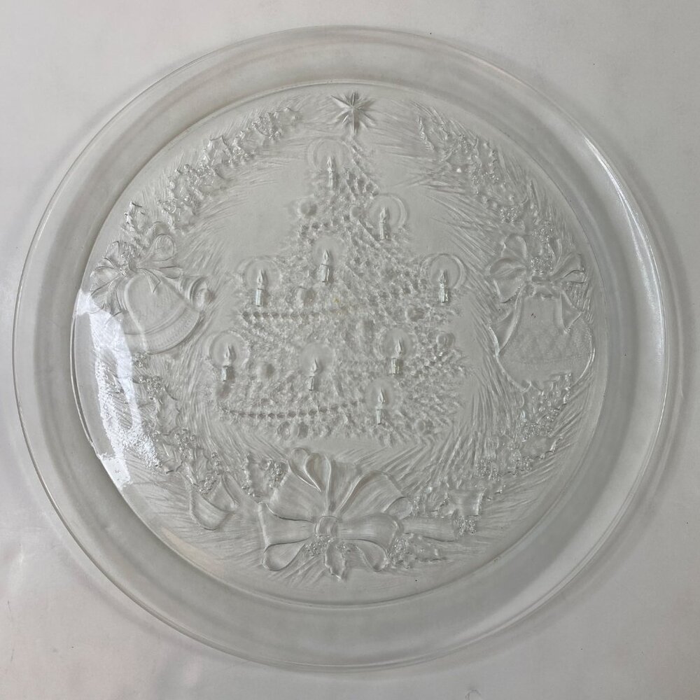 Vintage Clear Glass Christmas Tree Platter With Garlands Bows Bell Design